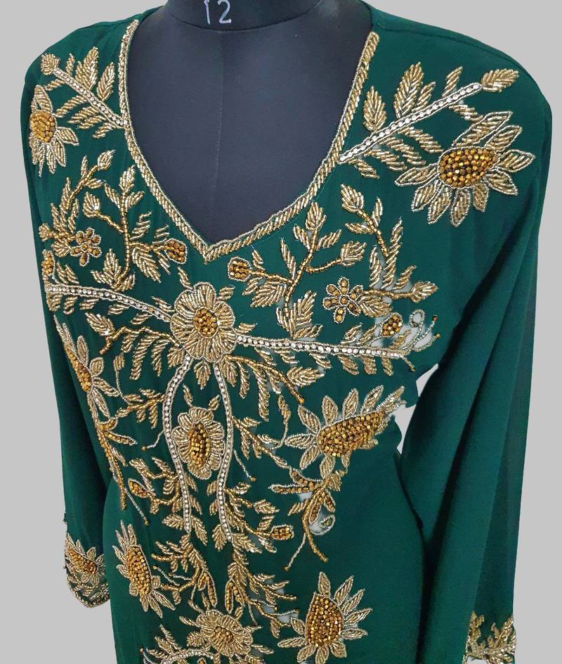 Elegant Dark Green georgette kaftan gown with golden zari work With hijab.