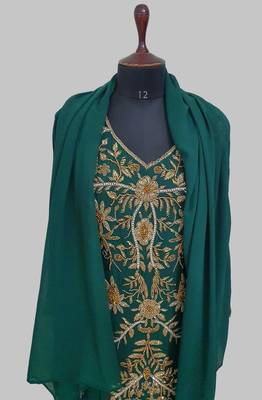 Elegant Dark Green georgette kaftan gown with golden zari work With hijab. 5