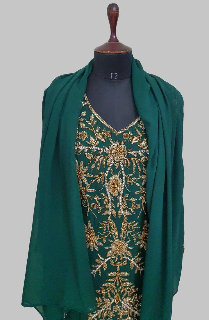 Elegant Dark Green georgette kaftan gown with golden zari work With hijab.