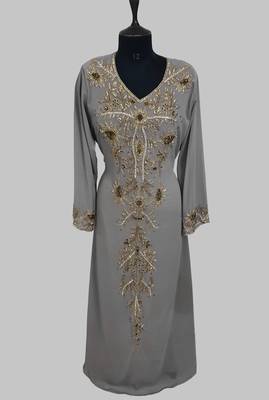 Elegant Grey georgette kaftan gown with golden zari work With hijab. 1