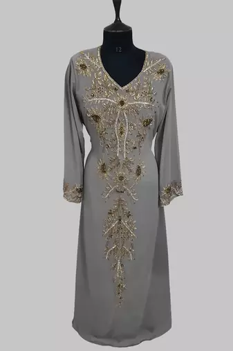Elegant Grey georgette kaftan gown with golden zari work With hijab.
