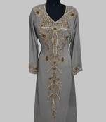 Elegant Grey georgette kaftan gown with golden zari work With hijab.