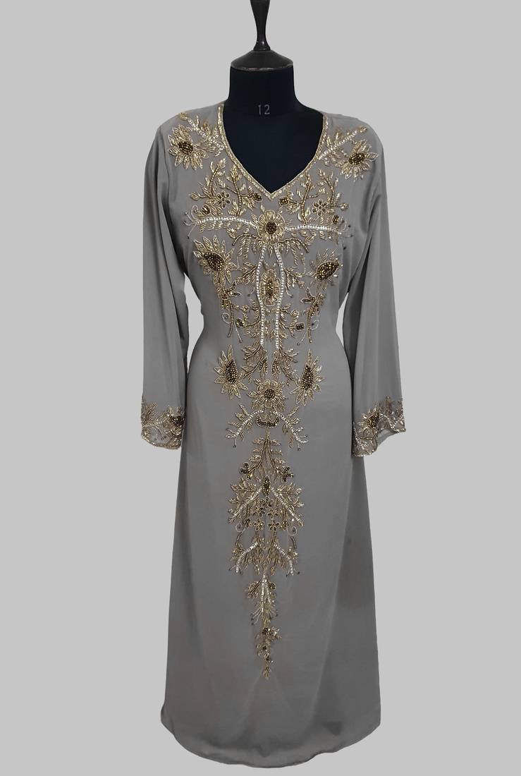 Elegant Grey georgette kaftan gown with golden zari work With hijab.