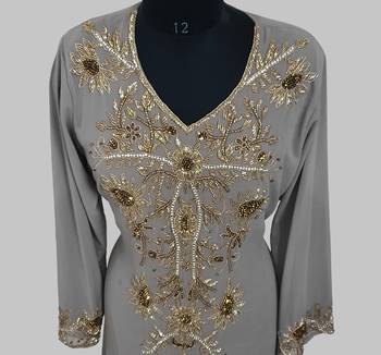 Elegant Grey georgette kaftan gown with golden zari work With hijab. 2