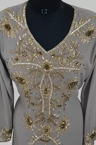 Elegant Grey georgette kaftan gown with golden zari work With hijab.