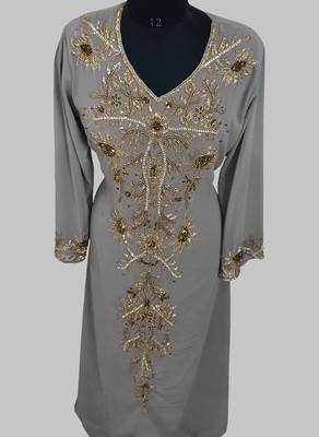 Elegant Grey georgette kaftan gown with golden zari work With hijab. 3