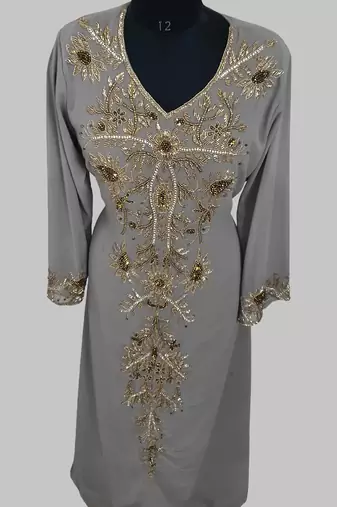 Elegant Grey georgette kaftan gown with golden zari work With hijab.