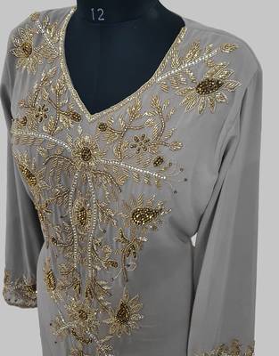 Elegant Grey georgette kaftan gown with golden zari work With hijab. 4