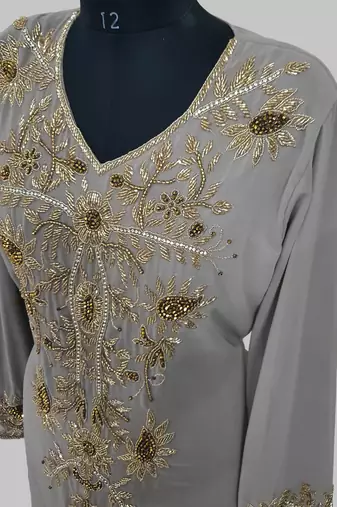 Elegant Grey georgette kaftan gown with golden zari work With hijab.