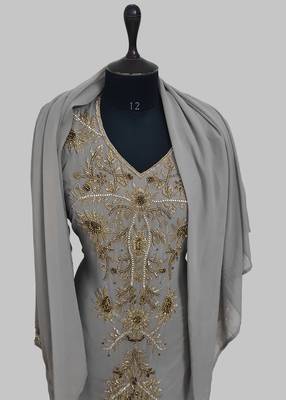 Elegant Grey georgette kaftan gown with golden zari work With hijab. 5