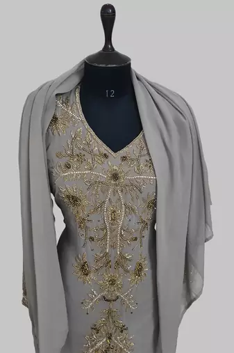 Elegant Grey georgette kaftan gown with golden zari work With hijab.