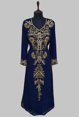 Elegant Navy Blue  georgette kaftan gown with golden zari work With hijab. 1