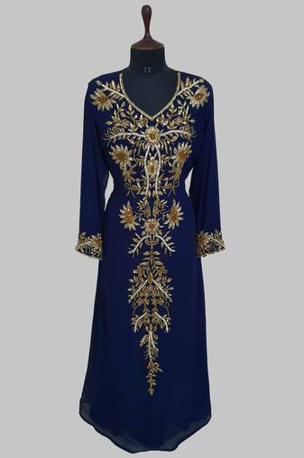 Elegant Navy Blue  georgette kaftan gown with golden zari work With hijab.