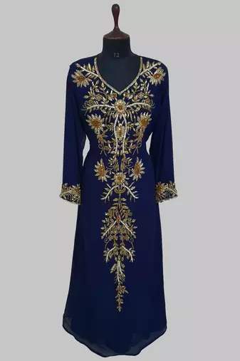 Elegant Navy Blue  georgette kaftan gown with golden zari work With hijab.
