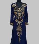 Elegant Navy Blue  georgette kaftan gown with golden zari work With hijab.
