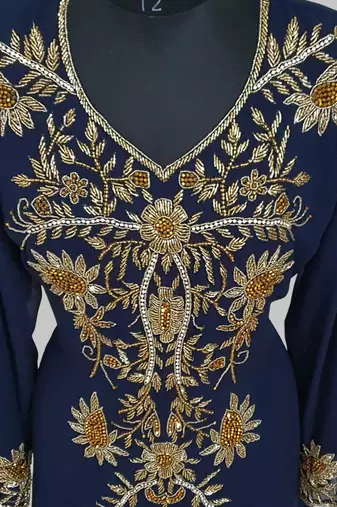 Elegant Navy Blue  georgette kaftan gown with golden zari work With hijab.