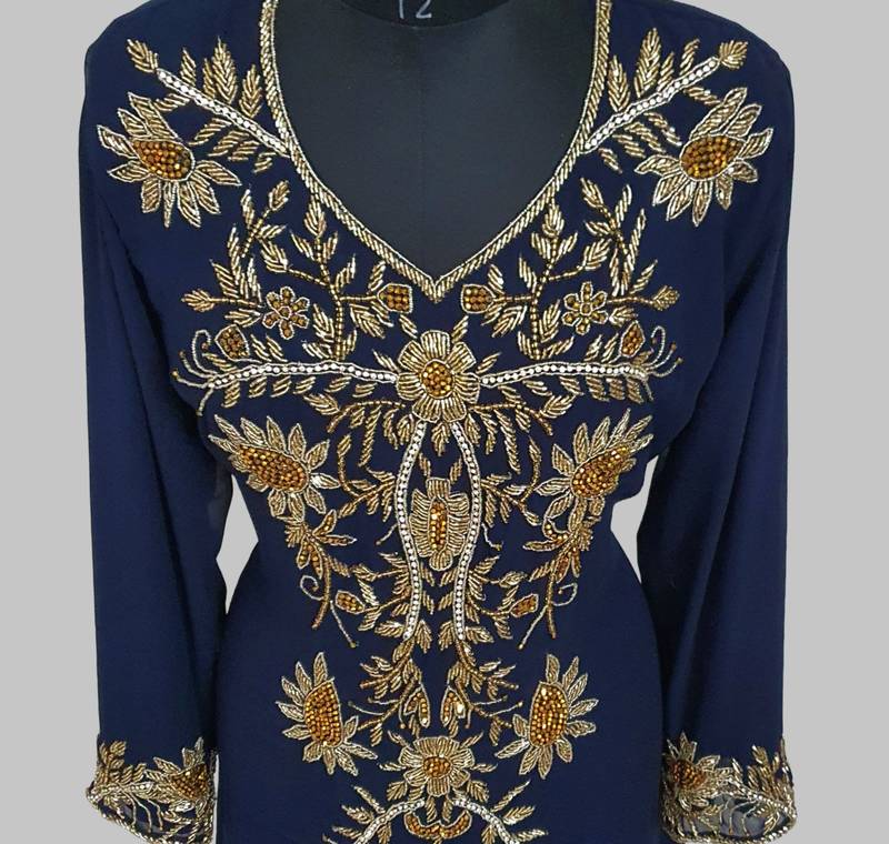 Elegant Navy Blue  georgette kaftan gown with golden zari work With hijab.