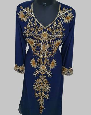 Elegant Navy Blue  georgette kaftan gown with golden zari work With hijab. 3