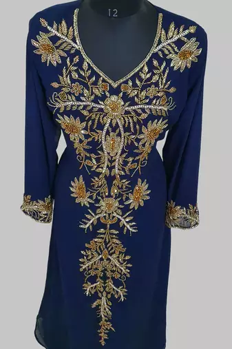 Elegant Navy Blue  georgette kaftan gown with golden zari work With hijab.