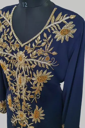 Elegant Navy Blue  georgette kaftan gown with golden zari work With hijab.