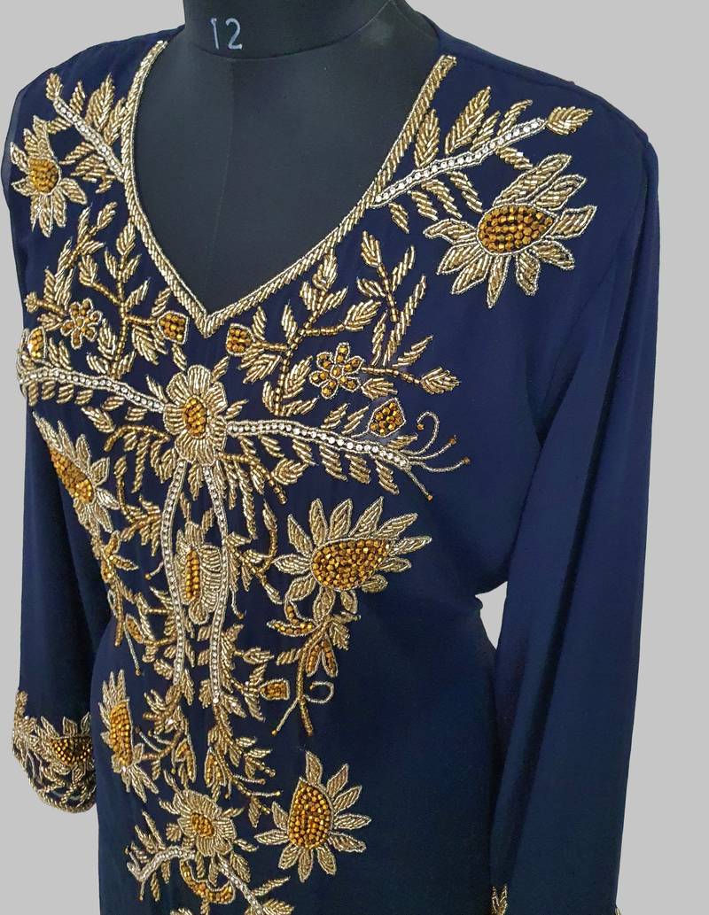 Elegant Navy Blue  georgette kaftan gown with golden zari work With hijab.