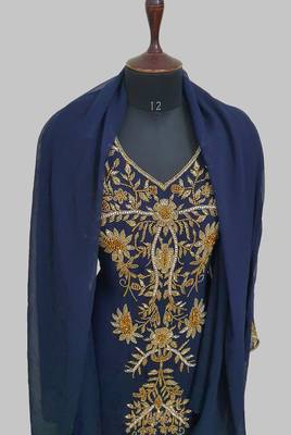 Elegant Navy Blue  georgette kaftan gown with golden zari work With hijab. 5