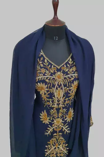 Elegant Navy Blue  georgette kaftan gown with golden zari work With hijab.