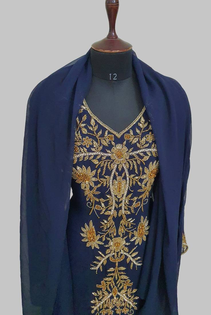 Elegant Navy Blue  georgette kaftan gown with golden zari work With hijab.