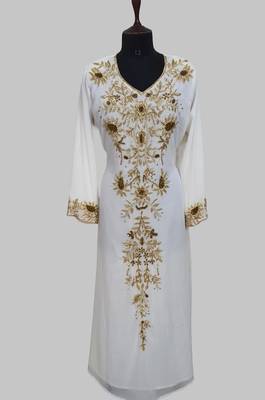 Elegant Off White georgette kaftan gown with golden zari work With hijab. 1