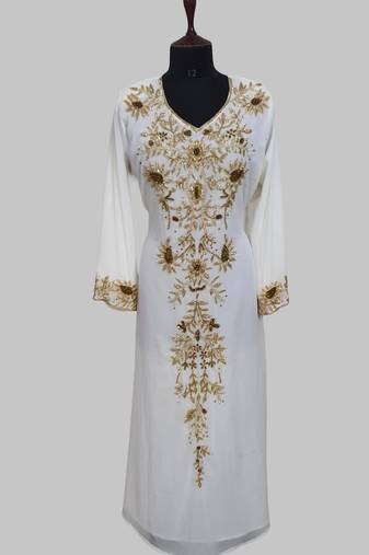 Elegant Off White georgette kaftan gown with golden zari work With hijab.