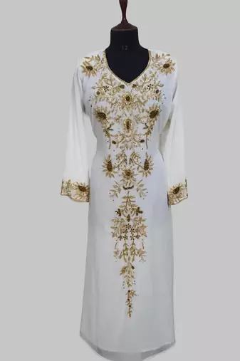 Elegant Off White georgette kaftan gown with golden zari work With hijab.