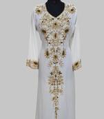 Elegant Off White georgette kaftan gown with golden zari work With hijab.