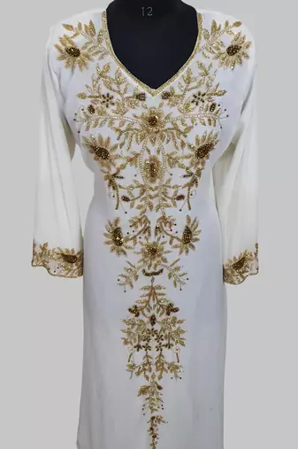 Elegant Off White georgette kaftan gown with golden zari work With hijab.