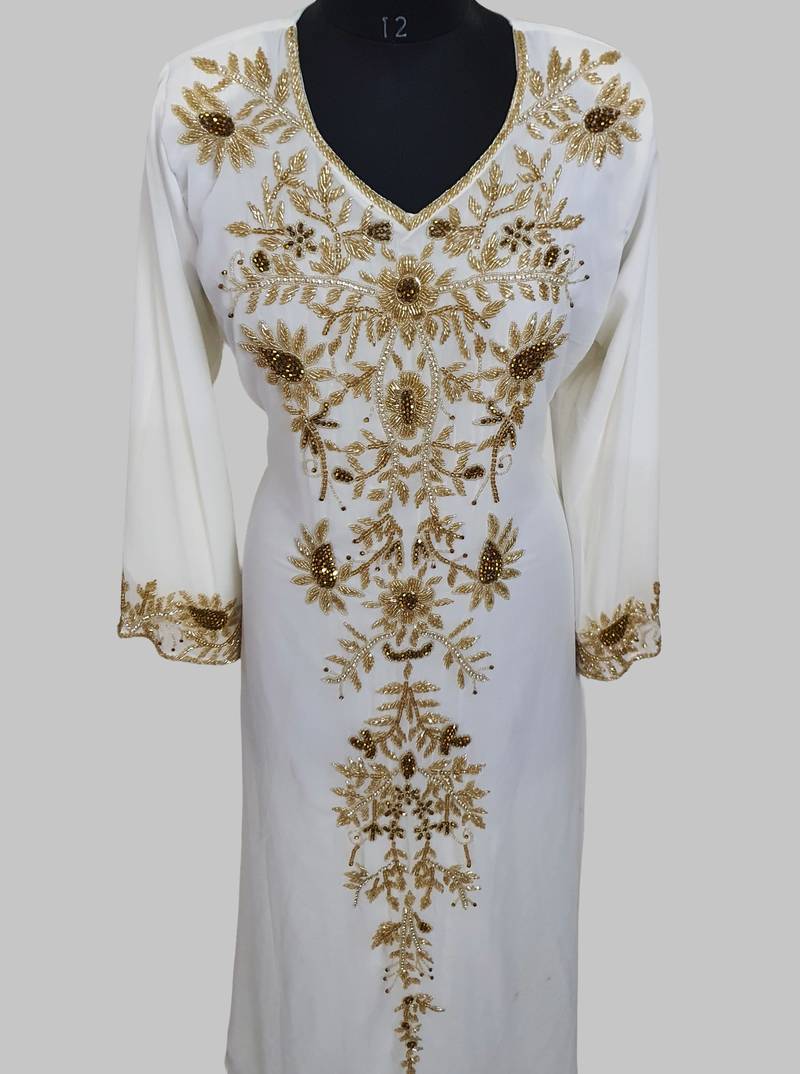 Elegant Off White georgette kaftan gown with golden zari work With hijab.