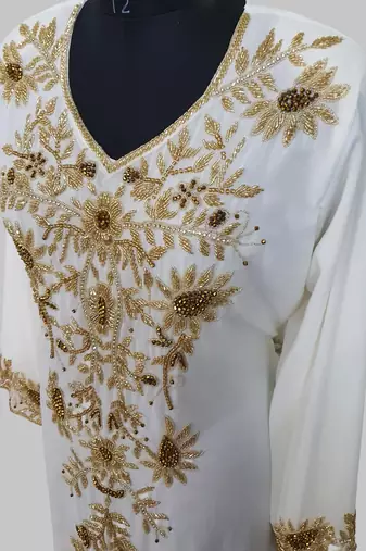 Elegant Off White georgette kaftan gown with golden zari work With hijab.