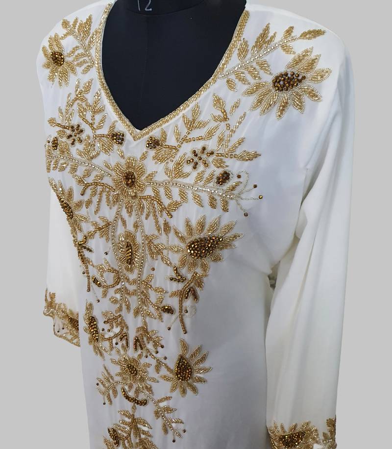 Elegant Off White georgette kaftan gown with golden zari work With hijab.
