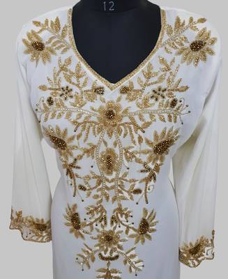 Elegant Off White georgette kaftan gown with golden zari work With hijab. 4