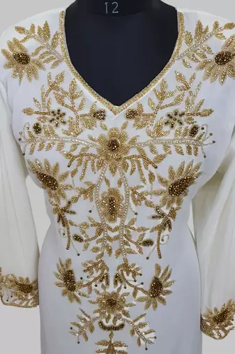 Elegant Off White georgette kaftan gown with golden zari work With hijab.