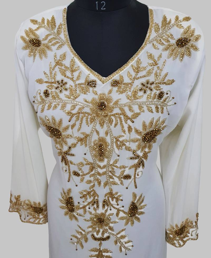 Elegant Off White georgette kaftan gown with golden zari work With hijab.