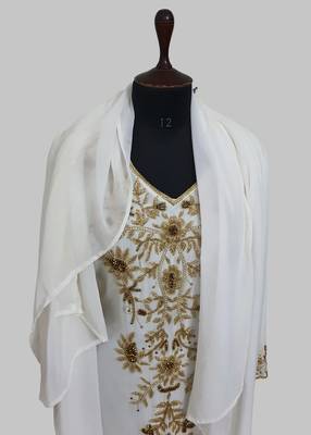 Elegant Off White georgette kaftan gown with golden zari work With hijab. 5