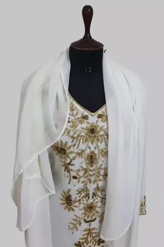 Elegant Off White georgette kaftan gown with golden zari work With hijab.