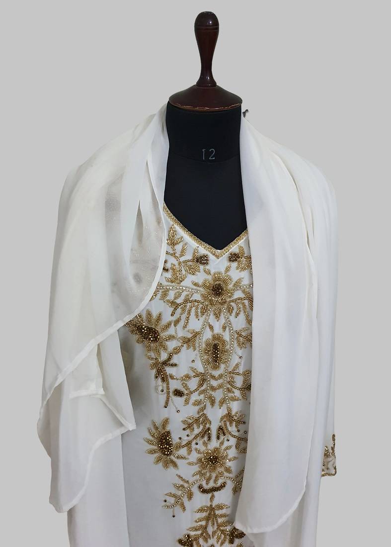 Elegant Off White georgette kaftan gown with golden zari work With hijab.