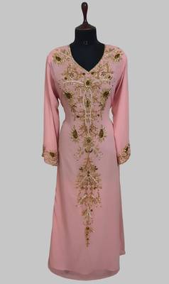 Elegant Peach georgette kaftan gown with golden zari work With hijab. 1