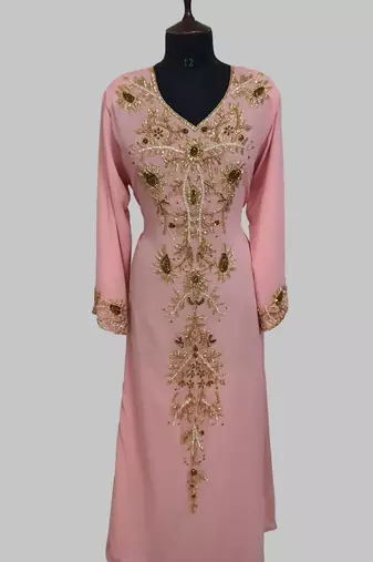 Elegant Peach georgette kaftan gown with golden zari work With hijab.