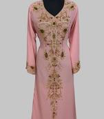 Elegant Peach georgette kaftan gown with golden zari work With hijab.