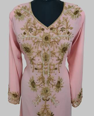 Elegant Peach georgette kaftan gown with golden zari work With hijab. 2