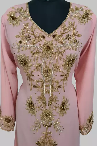 Elegant Peach georgette kaftan gown with golden zari work With hijab.