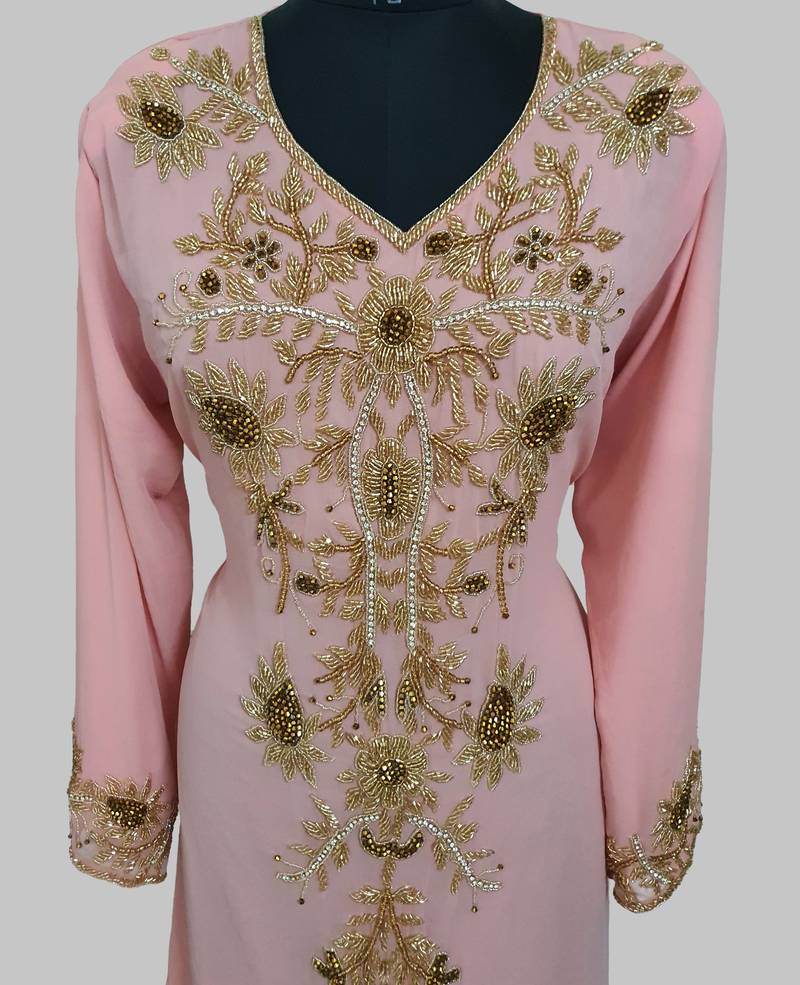 Elegant Peach georgette kaftan gown with golden zari work With hijab.