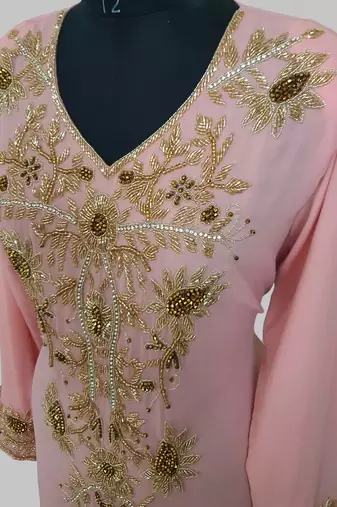 Elegant Peach georgette kaftan gown with golden zari work With hijab.