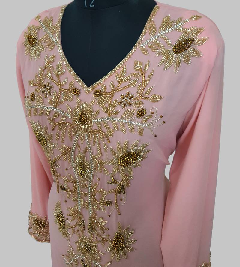 Elegant Peach georgette kaftan gown with golden zari work With hijab.